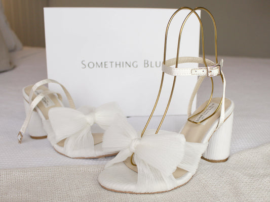 Nancy - Bridal White Tulle Bow Block Heel Shoes