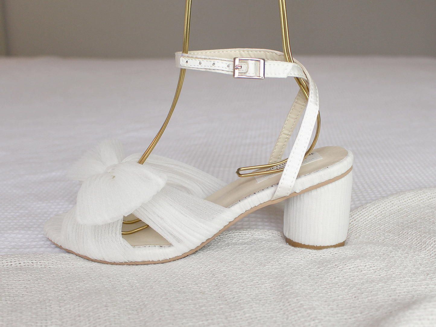 Nancy - Bridal White Tulle Bow Block Heel Shoes