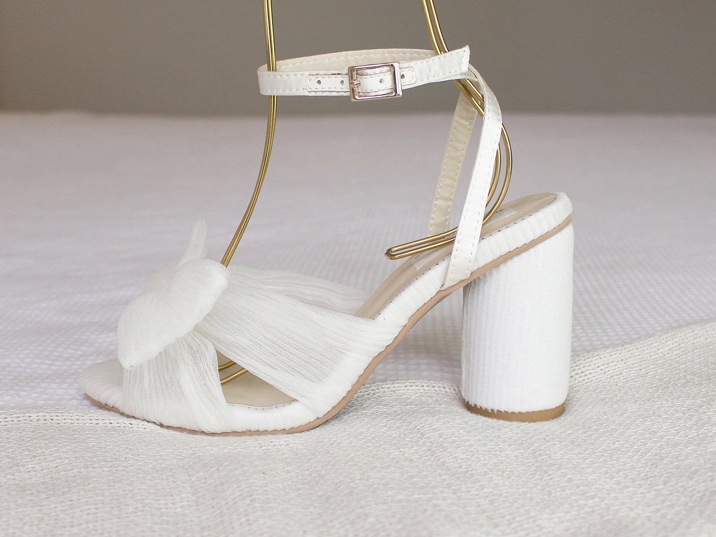 Nancy - Bridal White Tulle Bow Block Heel Shoes